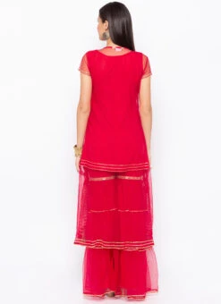 Crimson Red Net Embroidered Kurta Sharara Set After Six Wear -Indo Clothing Shop crimson red net embroidered kurta sharara set krsmnc2122ks b