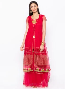 Crimson Red Net Embroidered Kurta Sharara Set After Six Wear -Indo Clothing Shop crimson red net embroidered kurta sharara set krsmnc2122ks u