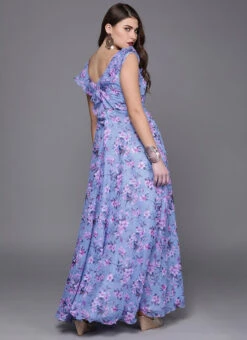 Blue Digital Print V Neck Gown After Six Wear -Indo Clothing Shop custom made blue digital print v neck gown IWBS01907078 b