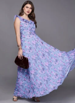 Blue Digital Print V Neck Gown After Six Wear -Indo Clothing Shop custom made blue digital print v neck gown IWBS01907078 u