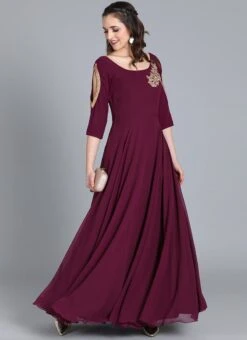 Embroidered Burgundy Georgette Gown Festive Wear 10 Embroidered Burgundy Georgette Gown Festive Wear -Indo Clothing Shop customised embroidered burgundy georgette gown IWBV01905473 u