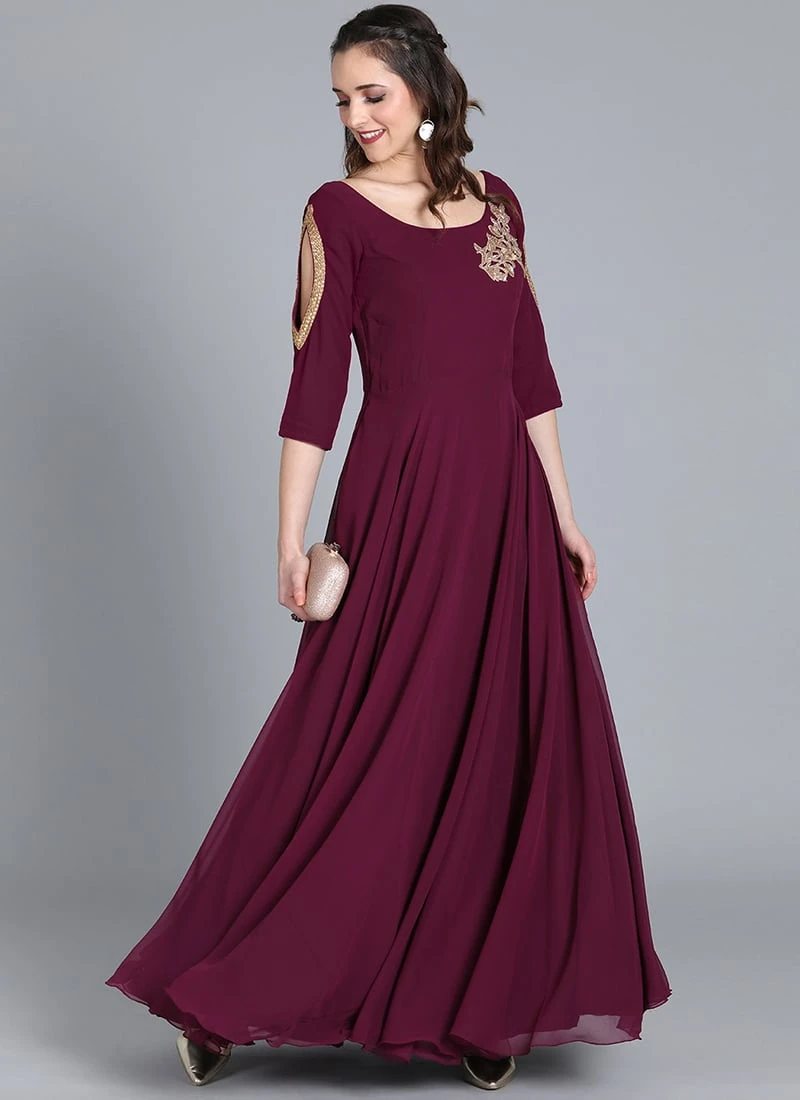 Embroidered Burgundy Georgette Gown Festive Wear 3 Embroidered Burgundy Georgette Gown Festive Wear - Image 3
