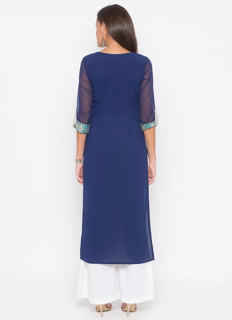 Dark Blue Crepe Printed Kurta Palazzo Set After Six Wear 4 Dark Blue Crepe Printed Kurta Palazzo Set After Six Wear - Image 4