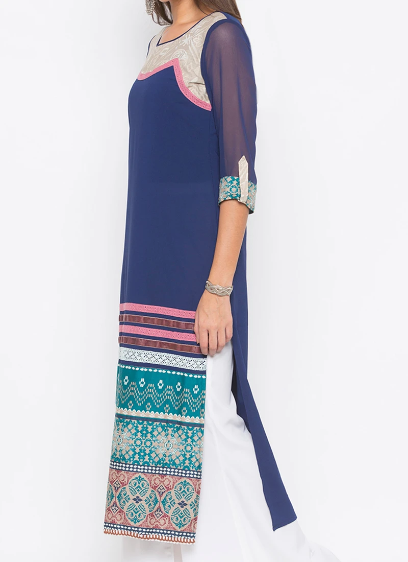 Dark Blue Crepe Printed Kurta Palazzo Set After Six Wear 1 Dark Blue Crepe Printed Kurta Palazzo Set After Six Wear