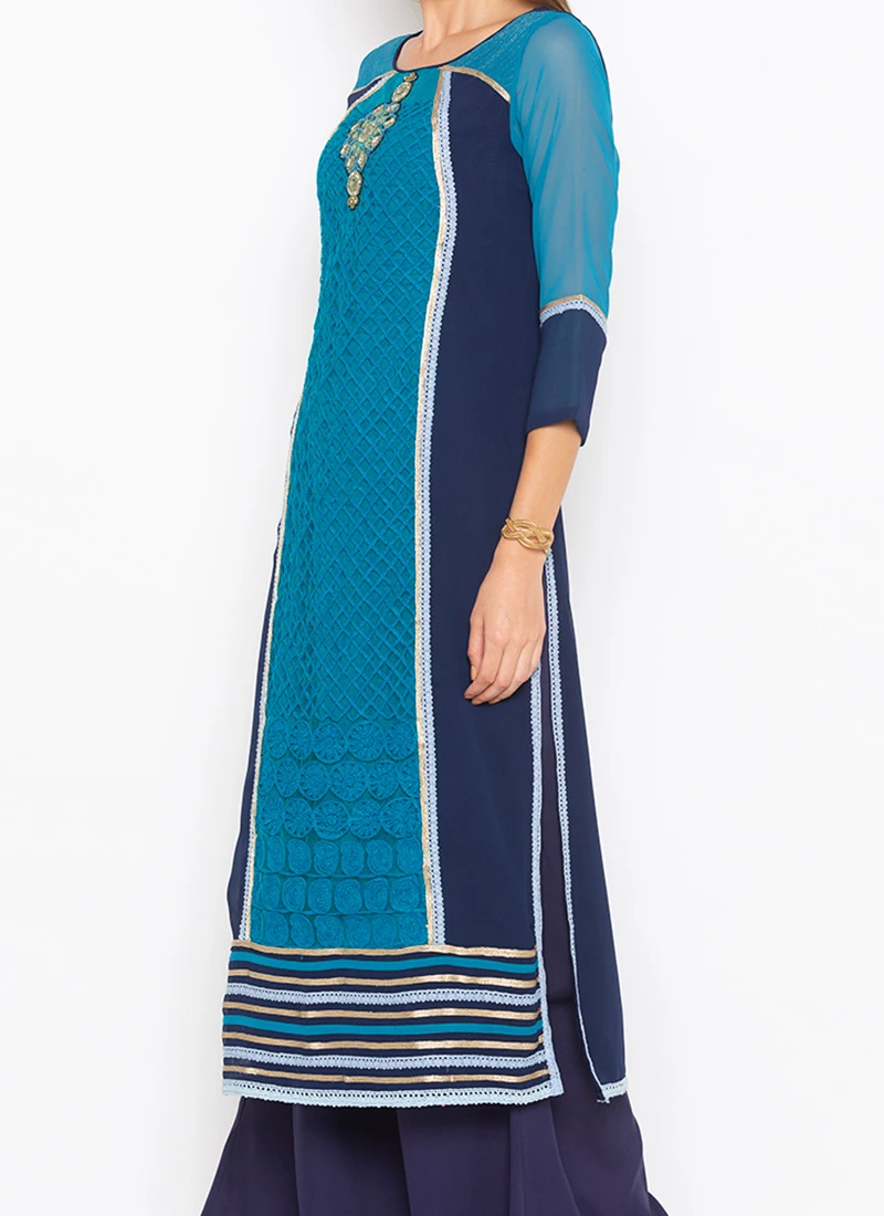 Dark Blue Georgette Embroidered Kurta Palazzo Set After Six Wear 1 Dark Blue Georgette Embroidered Kurta Palazzo Set After Six Wear