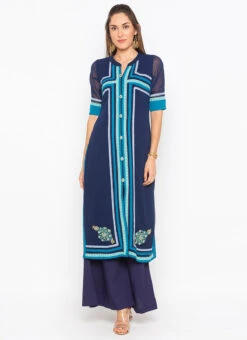 Dark Blue Georgette Thread Work Kurta Palazzo Set After Six Wear -Indo Clothing Shop dark blue georgette thread work kurta palazzo set krsmnc1978ks u