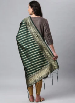 Dark Green Benarasi Silk Jacquard Woven Dupatta Festive Wear -Indo Clothing Shop dark green benarasi silk jacquard woven dupatta dpsli1402106grn b