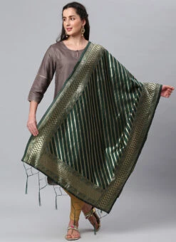 Dark Green Benarasi Silk Jacquard Woven Dupatta Festive Wear -Indo Clothing Shop dark green benarasi silk jacquard woven dupatta dpsli1402106grn u