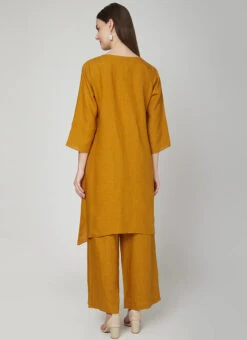 Dark Mustard Linen Kurta Palazzo Set Work Wear -Indo Clothing Shop dark mustard linen kurta palazzo set krsdvcsvts08 b
