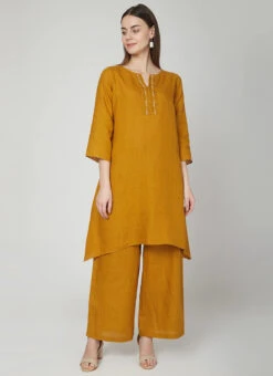 Dark Mustard Linen Kurta Palazzo Set Work Wear -Indo Clothing Shop dark mustard linen kurta palazzo set krsdvcsvts08 u