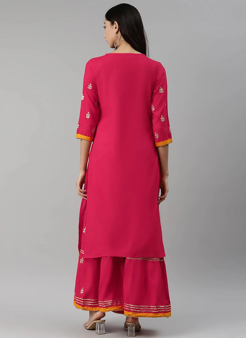 Dark Pink Rayon Embroidery Kurta Sharara Set Party Wear 4 Dark Pink Rayon Embroidery Kurta Sharara Set Party Wear - Image 4