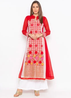 Dark Red Georgette Embroidered Kurta Palazzo Set After Six Wear -Indo Clothing Shop dark red georgette embroidered kurta palazzo set krsmnc1955ks u