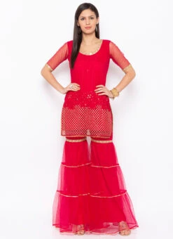 Dark Red Net Embroidered Kurta Sharara Set After Six Wear -Indo Clothing Shop dark red net embroidered kurta sharara set krsmnc2125ks u
