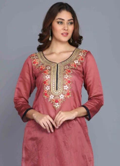 Dusty Pink Chanderi Silk Machine Embroidery Kurta Sharara Set Party Wear -Indo Clothing Shop dusty pink chanderi silk machine embroidery kurta sharara set krskifh99660001315b b