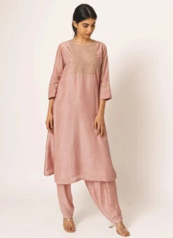 Dusty Pink Pure Chanderi Silk Embroidered Kurta Salwar Set Party Wear -Indo Clothing Shop dusty pink pure chanderi silk embroidered kurta salwar set krsdvcsvks48 u