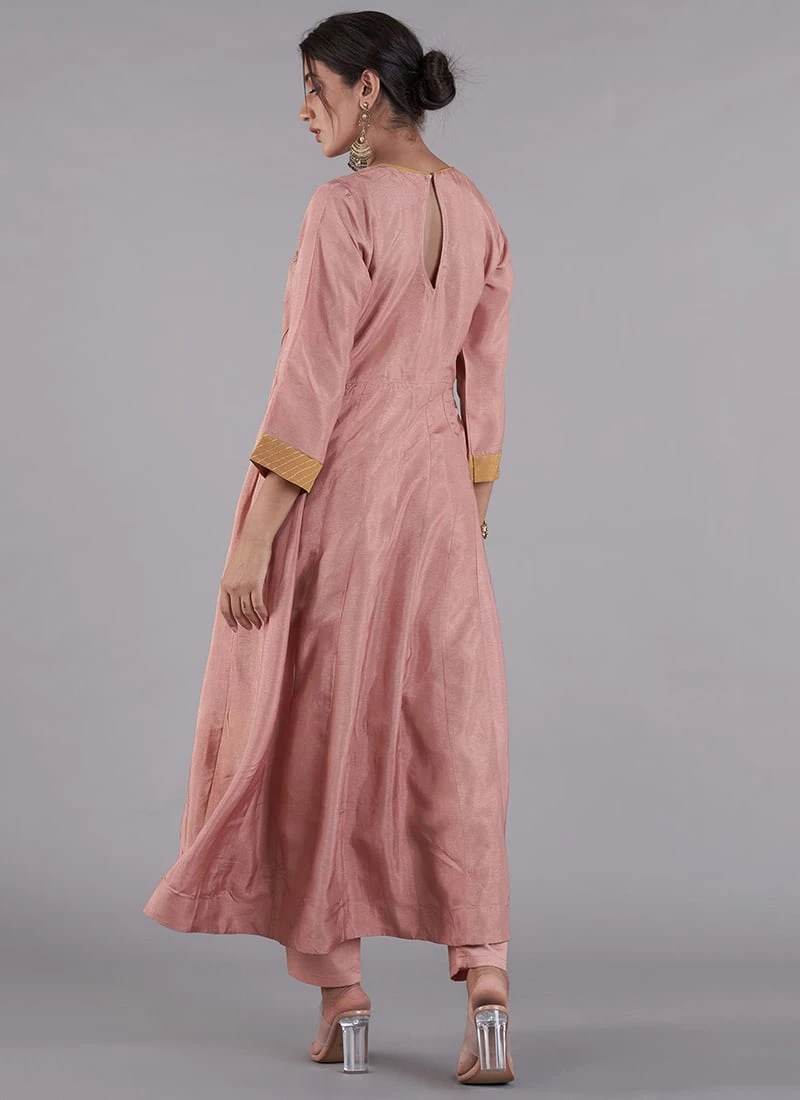 Dusty Pink Pure Silk Embroidered Kurta Straight Pant Set Party Wear 4 Dusty Pink Pure Silk Embroidered Kurta Straight Pant Set Party Wear - Image 4