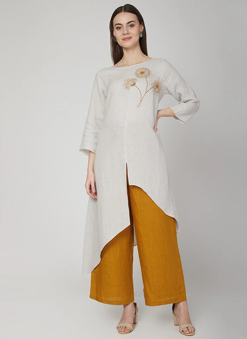 Dusty White Linen Kurta Palazzo Set Work Wear 3 Dusty White Linen Kurta Palazzo Set Work Wear - Image 3