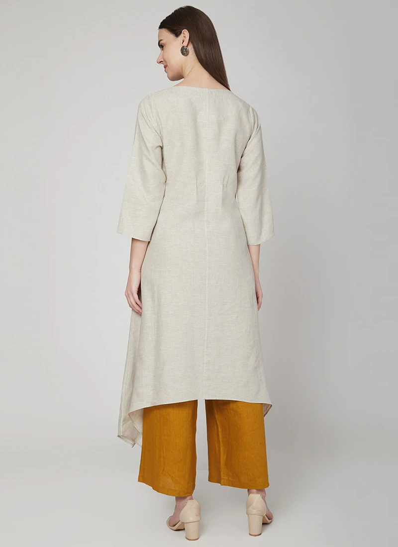 Dusty White N Mustard Linen Kurta Palazzo Set Work Wear 4 Dusty White N Mustard Linen Kurta Palazzo Set Work Wear - Image 4