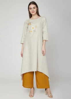 Dusty White N Mustard Linen Kurta Palazzo Set Work Wear 6 Dusty White N Mustard Linen Kurta Palazzo Set Work Wear -Indo Clothing Shop dusty white n mustard linen kurta palazzo set krsdvcsvts11 u