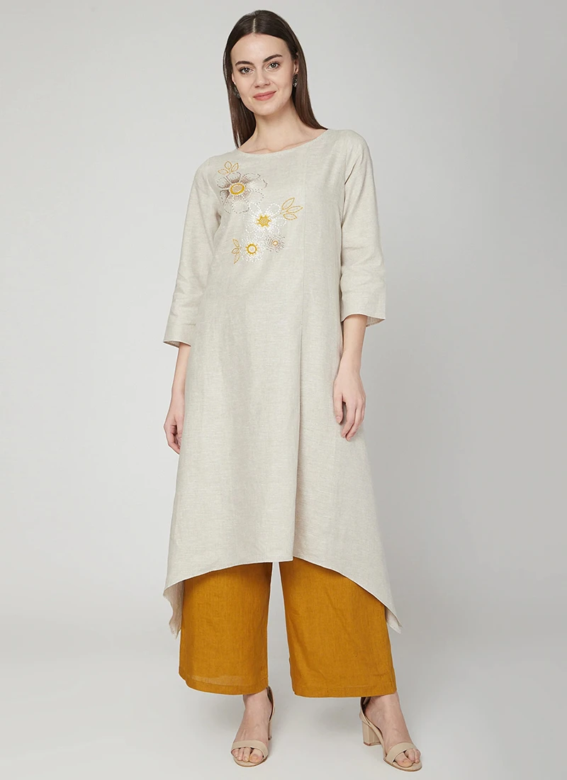 Dusty White N Mustard Linen Kurta Palazzo Set Work Wear 3 Dusty White N Mustard Linen Kurta Palazzo Set Work Wear - Image 3