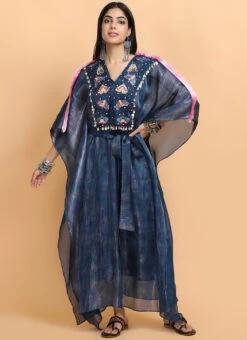 Electric Blue Bees Handpainted Kaftan Set Party Wear -Indo Clothing Shop electric blue bees handpainted kaftan set kfdasct121 u