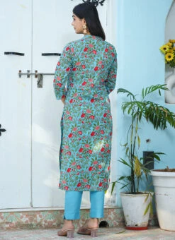 Floral Printed Blue Cotton Kurta N Straight Pant Work Wear 7 Floral Printed Blue Cotton Kurta N Straight Pant Work Wear -Indo Clothing Shop floral printed blue cotton kurta n straight pant krsjsc484 b