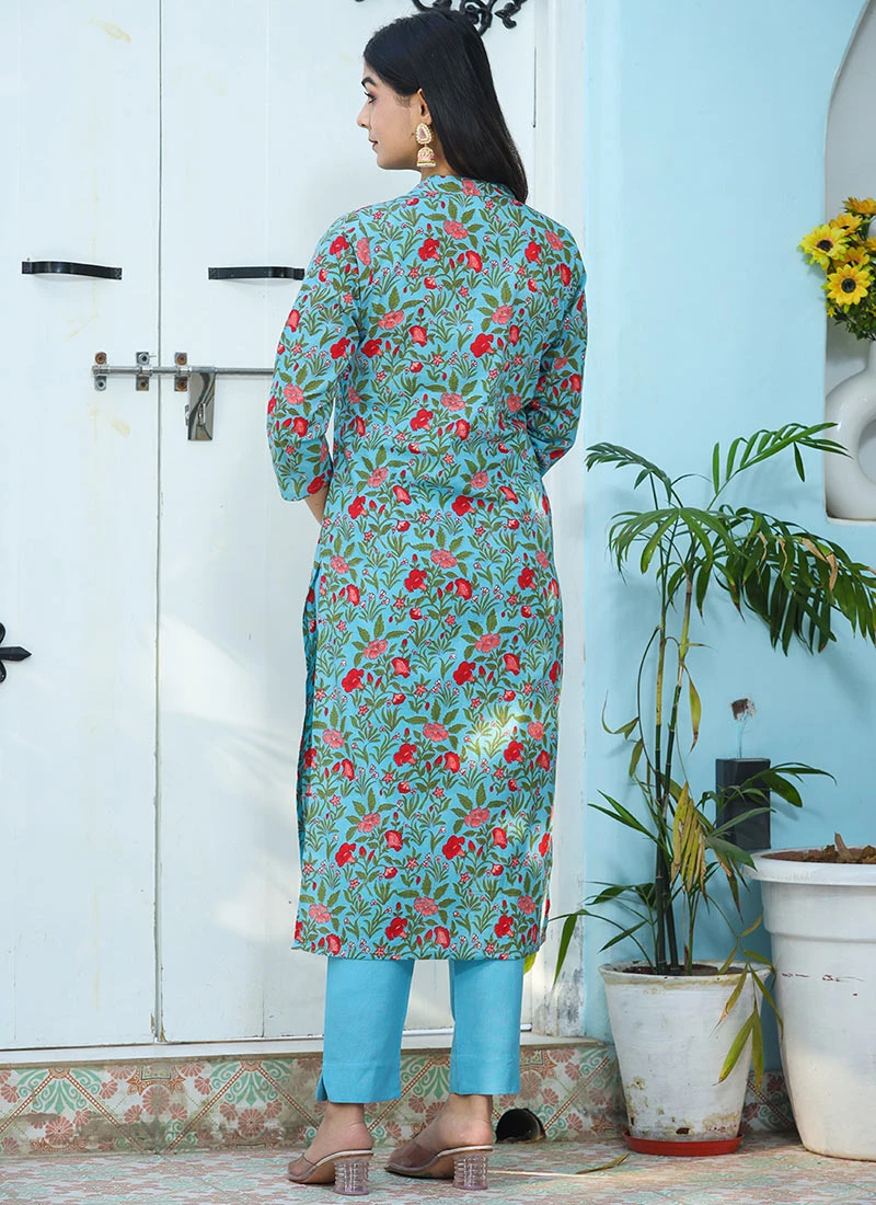 Floral Printed Blue Cotton Kurta N Straight Pant Work Wear 4 Floral Printed Blue Cotton Kurta N Straight Pant Work Wear - Image 4