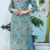 Floral Printed Blue Cotton Kurta N Straight Pant Work Wear