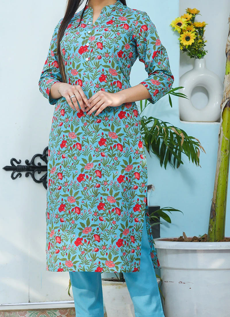 Floral Printed Blue Cotton Kurta N Straight Pant Work Wear 1 Floral Printed Blue Cotton Kurta N Straight Pant Work Wear