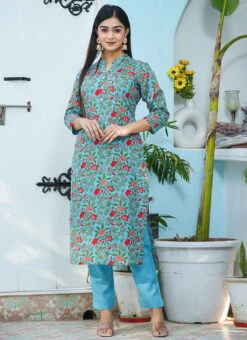 Floral Printed Blue Cotton Kurta N Straight Pant Work Wear 6 Floral Printed Blue Cotton Kurta N Straight Pant Work Wear -Indo Clothing Shop floral printed blue cotton kurta n straight pant krsjsc484 u