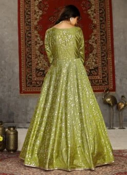 Fluorescent Green Taffeta Metalic Foil Work Anarkali Gown Party Wear -Indo Clothing Shop fluorescent green taffeta metalic foil work anarkali gown bgwsom4604 b