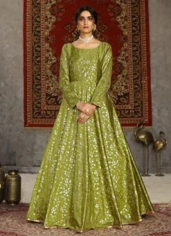 Fluorescent Green Taffeta Metalic Foil Work Anarkali Gown Party Wear -Indo Clothing Shop fluorescent green taffeta metalic foil work anarkali gown bgwsom4604 u