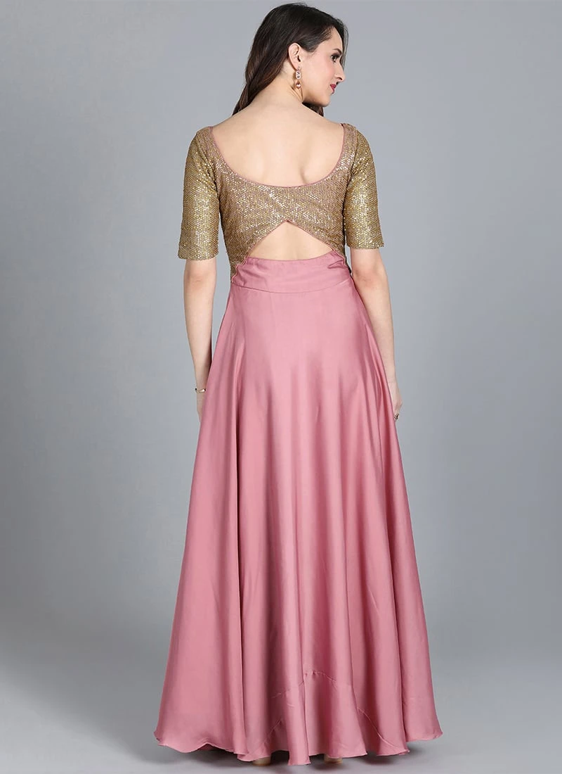 Gold Sequin Embroidered N Mauve Full Flare Gown Festive Wear 4 Gold Sequin Embroidered N Mauve Full Flare Gown Festive Wear - Image 4