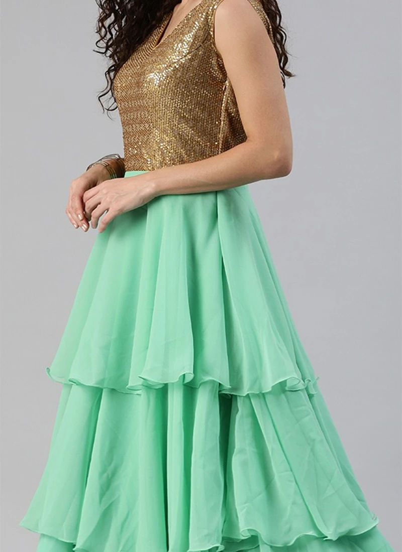 Gold Sequins Embroidered V Neck Gown Party Wear 1 Gold Sequins Embroidered V Neck Gown Party Wear