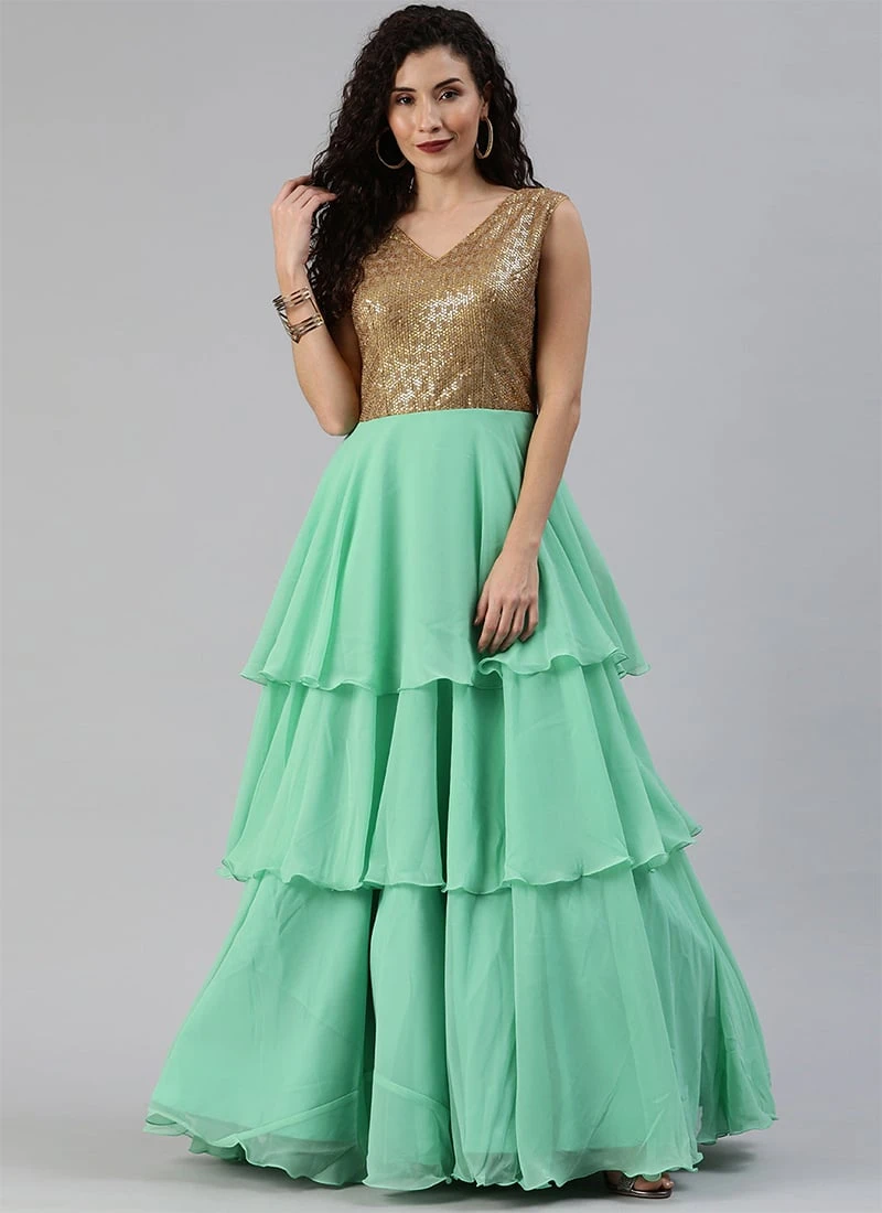 Gold Sequins Embroidered V Neck Gown Party Wear 3 Gold Sequins Embroidered V Neck Gown Party Wear - Image 3