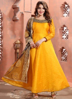Golden Art Silk Embroidered Gown Party Wear 6 Golden Art Silk Embroidered Gown Party Wear -Indo Clothing Shop golden art silk embroidered gown bgwrmnf796g u