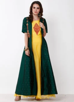 Green And Yellow Embroidered Indo Western Dress Party Wear -Indo Clothing Shop green and yellow embroidered indo western dress iwddrrwrs455 u