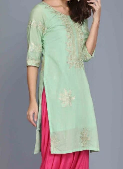 Green Chanderi Cotton Aari Embroidery Kurta Salwar Set Party Wear