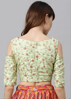 Green Embroidered Cold Shoulder Blouse Festive Wear -Indo Clothing Shop green embroidered cold shoulder blouse BLBS02305277 b
