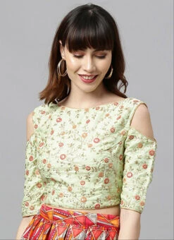 Green Embroidered Cold Shoulder Blouse Festive Wear -Indo Clothing Shop green embroidered cold shoulder blouse BLBS02305277 u