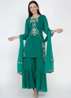 Green Georgette Kurta Sharara Set Party Wear -Indo Clothing Shop green georgette kurta sharara set slsdrnr482 u
