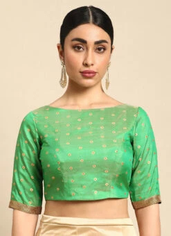 Green Jacquard Boat Neck Blouse Festive Wear -Indo Clothing Shop green jacquard boat neck blouse BLBS02306314 u