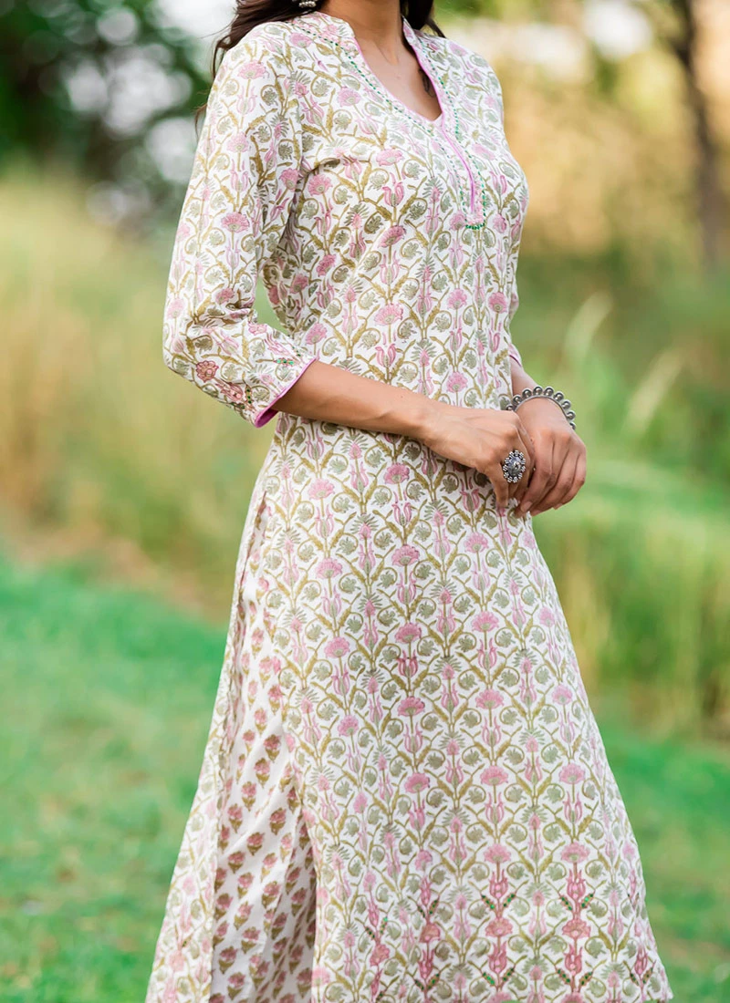 Green Pure Cotton Hand Block Printed Kurta Semi Palazzo Set After Six Wear 1 Green Pure Cotton Hand Block Printed Kurta Semi Palazzo Set After Six Wear