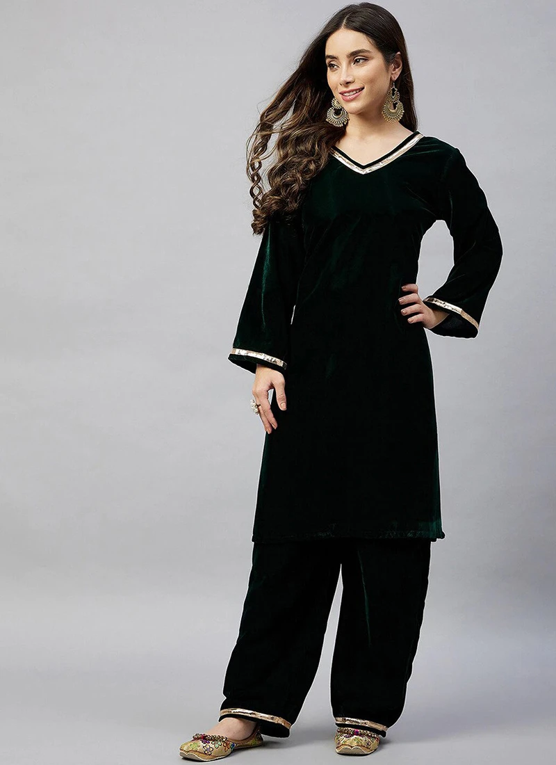 Green Velvet Kurta Palazzo Set Work Wear 3 Green Velvet Kurta Palazzo Set Work Wear - Image 3