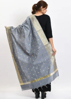 Grey Banarasi Silk Weaving Work Dupatta Work Wear -Indo Clothing Shop grey banarasi silk weaving work dupatta dpdmimfd176 b