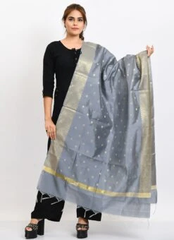 Grey Banarasi Silk Weaving Work Dupatta Work Wear -Indo Clothing Shop grey banarasi silk weaving work dupatta dpdmimfd176 u