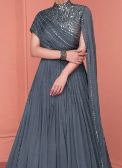 Grey Chinon Mirror Work Dresses And Gown Party Wear
