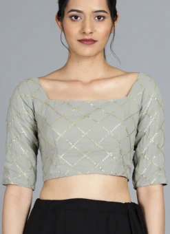 Grey Embroidered Georgette Blouse Festive Wear -Indo Clothing Shop grey embroidered georgette blouse BLBS02209600 b