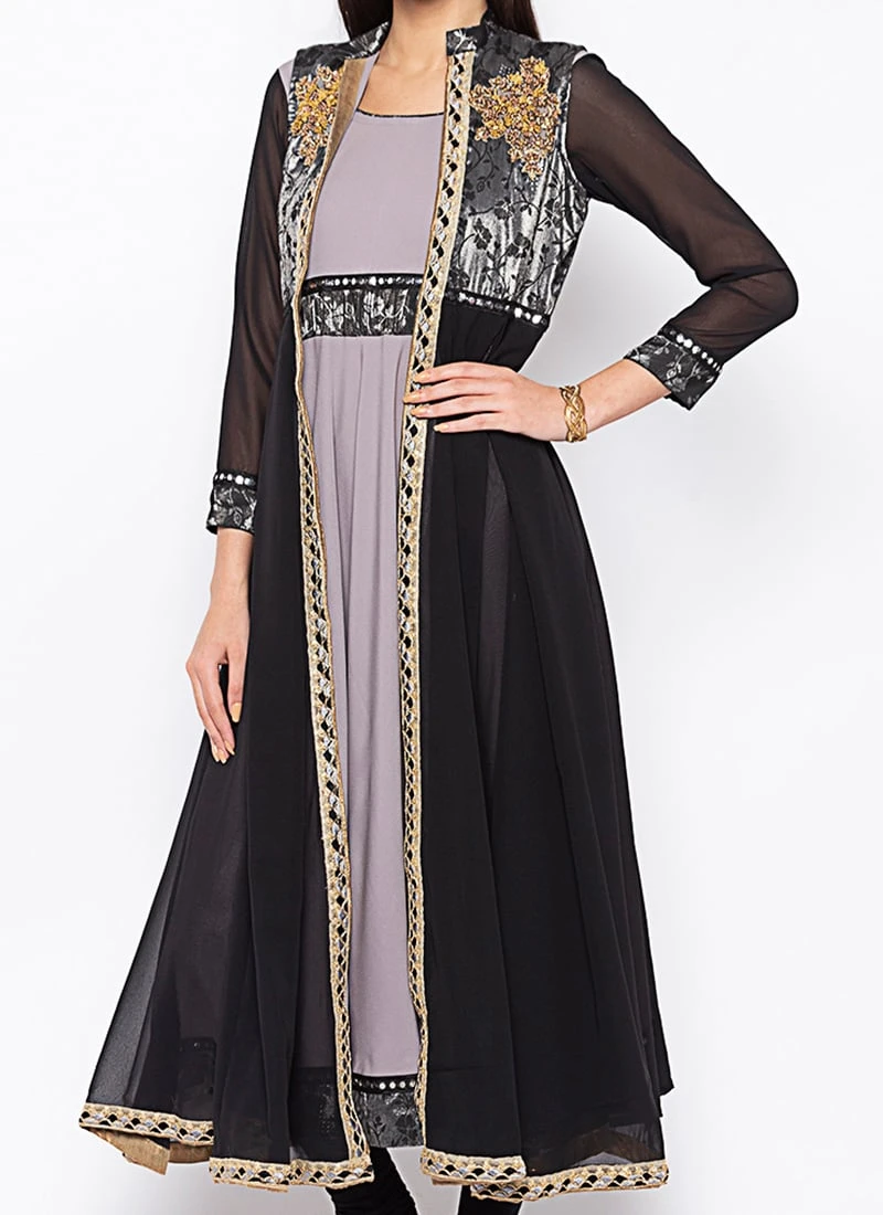 Grey N Black Crepe Embroidered Kurta Churidar Set After Six Wear 1 Grey N Black Crepe Embroidered Kurta Churidar Set After Six Wear