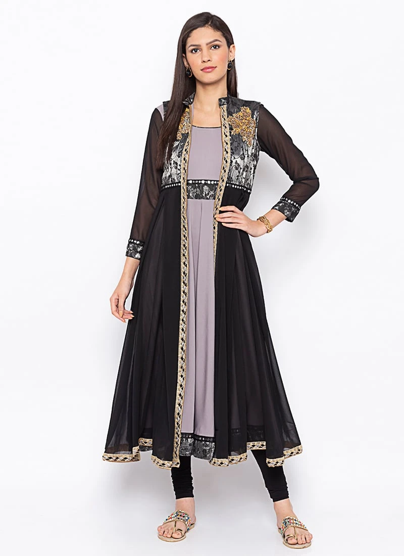 Grey N Black Crepe Embroidered Kurta Churidar Set After Six Wear 3 Grey N Black Crepe Embroidered Kurta Churidar Set After Six Wear - Image 3